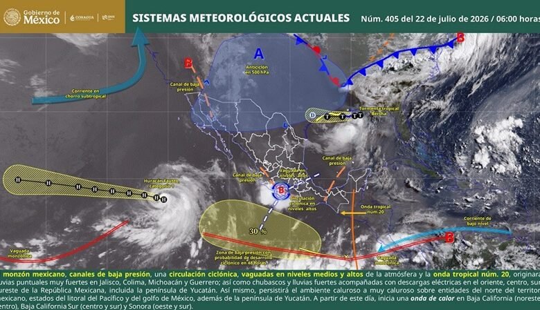 El SMN prevé lluvias muy fuertes en Guerrero y otros estados. También inicia una onda de calor en el noroeste del país. Fausto no representa riesgo para México.